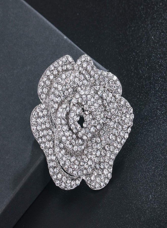 MEEDOZ White Gold Plated Women's Crystal Rhinestone Rose Flower Shape Brooch Pins for DIY Bridal Wedding Bouquet (Silver) - Image 3